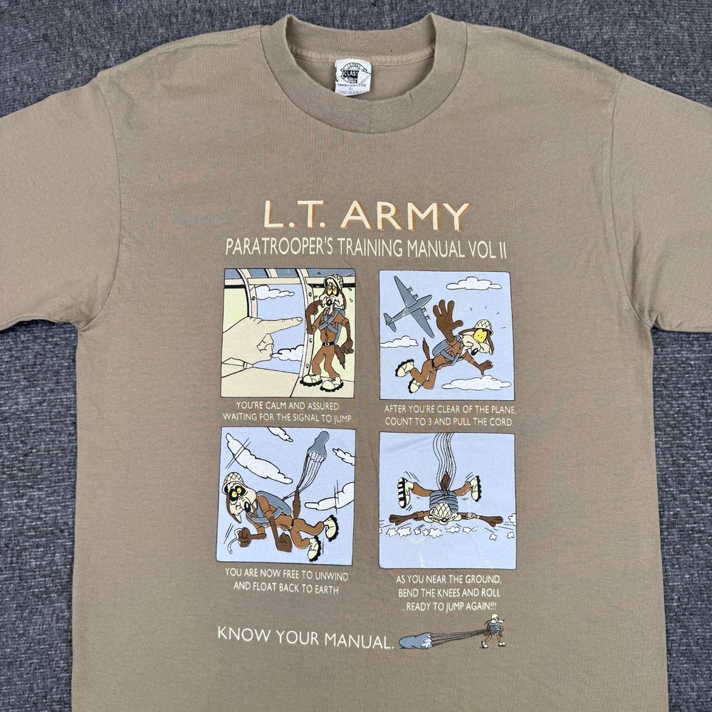 Vintage Looney Tunes Army T-Shirt Mens XL Tan Paratrooper Training Cartoon USA